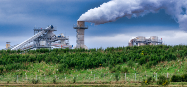 Green fields in foreground, with biomass factory in the background.