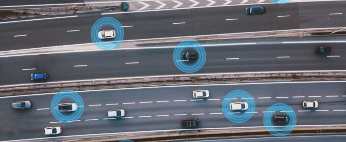 Birds-eye-view of a motorway with travelling cars